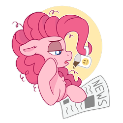 Size: 1280x1280 | Tagged: safe, artist:pink-pone, character:pinkie pie, coffee mug, female, messy mane, mood, mug, newspaper, open mouth, simple background, solo, transparent background