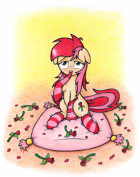 Size: 2000x2526 | Tagged: safe, artist:agamnentzar, character:roseluck, bedroom eyes, clothing, dress, female, pillow, rose, socks, solo, striped socks, sultry pose, traditional art