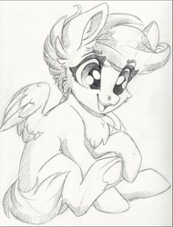 Size: 1280x1687 | Tagged: safe, artist:faline-art, character:scootaloo, species:pegasus, species:pony, cheek fluff, chest fluff, ear fluff, female, filly, grayscale, monochrome, open mouth, pencil drawing, raised hoof, sitting, smiling, solo, spread wings, three quarter view, traditional art, underhoof, wings