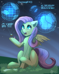 Size: 2000x2500 | Tagged: safe, artist:freak-side, character:fluttershy, species:pegasus, species:pony, chest fluff, female, floppy ears, grass, high res, hologram, hoof hold, looking at something, looking up, mare, night, open mouth, outdoors, raised hoof, science fiction, sitting, solo, spread wings, symbols, three quarter view, wings