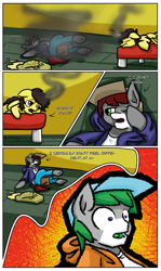 Size: 3574x6005 | Tagged: safe, artist:khaki-cap, commissioner:bigonionbean, oc, oc:khaki-cap, oc:tommy the human, species:alicorn, species:earth pony, species:pony, comic:magical mishaps, alicorn oc, bed, clothing, earth pony oc, food, furniture, horn, house, hue, jean thicc, lying on the ground, magic, oats, small eyes, smoke, tired, uncle khaki, wings