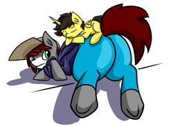 Size: 1920x1409 | Tagged: safe, artist:khaki-cap, commissioner:bigonionbean, oc, oc only, oc:khaki-cap, oc:tommy the human, species:alicorn, species:earth pony, species:pony, alicorn oc, butt, child, clothing, colt, crossed hooves, cute, dawwww, earth pony oc, hat, hoodie, hooves, horn, jean thicc, looking back, lying on butt, male, peaceful, plot, presenting, prone, relaxing, resting, shadow, simple background, sleeping, thicc ass, thick, transparent background, uncle and nephew, wings