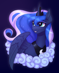 Size: 3238x4004 | Tagged: safe, artist:argigen, rcf community, character:princess luna, species:alicorn, species:pony, blue background, bust, cloud, ear fluff, female, high res, mare, simple background, smiling, solo, wings