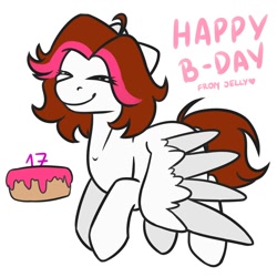 Size: 2000x2000 | Tagged: safe, artist:jellysiek, oc, species:pegasus, species:pony, birthday, birthday cake, birthday gift, cake, cute, food, simple background, smiley face, smiling, solo