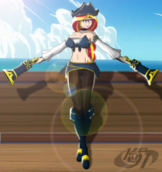 Size: 1250x1322 | Tagged: safe, artist:tyron91, character:sunset shimmer, species:human, my little pony:equestria girls, cloud, gun, human coloration, ocean, outfit, pirate, ship, water, weapon