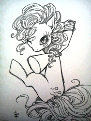Size: 900x1200 | Tagged: safe, artist:tt-n, character:pinkie pie, cake, female, food, monochrome, solo