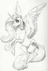 Size: 4552x6737 | Tagged: safe, artist:faline-art, character:princess cadance, species:alicorn, species:pony, absurd resolution, female, flying, mare, monochrome, smiling, solo, spread wings, wings