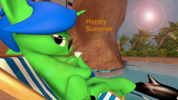 Size: 1920x1080 | Tagged: safe, artist:johnnyxluna, oc, oc only, oc:king lightning chaser, 3d, beach chair, drink, kiwi drink, looking at you, relaxing, smiling, smirk, summer, sun, sunglasses