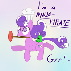 Size: 1125x1125 | Tagged: safe, artist:hip-indeed, character:screwball, species:earth pony, species:pony, chef's hat, clothing, female, hat, mare, mouth hold, ninja, ninja pirate, pirate, pirate ninja, plunger, solo