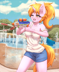 Size: 2939x3543 | Tagged: safe, artist:mintjuice, oc, oc only, oc:maya northwind, species:anthro, species:pony, species:unicorn, anthro oc, commission, female, fight, looking at each other, mare, smiling, solo, water park, watergun