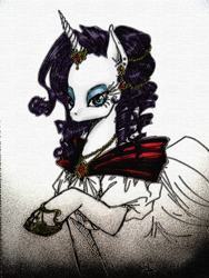 Size: 900x1200 | Tagged: safe, artist:tt-n, character:rarity, species:pony, species:unicorn, alternate hairstyle, beautiful, bedroom eyes, clothing, dress, ear piercing, earring, evening gloves, eyeshadow, female, gem, gloves, hair accessory, horn, horn ring, jewel, jewelry, lidded eyes, long gloves, looking at you, makeup, mare, mascara, necklace, piercing, ring, shoes, simple background, solo, traditional art