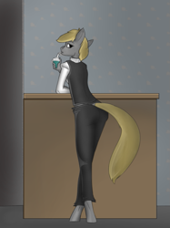 Size: 527x703 | Tagged: safe, artist:queen-razlad, oc, oc:trestle, species:anthro, species:unguligrade anthro, ass, bootie, butt, drinking, looking at you, looking back, male, sipping, solo, thick, waiter