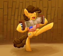 Size: 1280x1140 | Tagged: safe, artist:khaki-cap, character:cheese sandwich, species:earth pony, species:pony, accordion, clothing, dancing, funny, male, musical instrument, please don't nuke us north korea, puffy mane, shirt, silly, singing, solo, song, song reference, t-shirt, usa flag, weird al cheese sandwich, weird al yankovic
