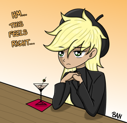 Size: 1547x1500 | Tagged: safe, artist:banquo0, character:applejack, species:human, episode:how applejack got her hat back, g4.5, my little pony: pony life, my little pony:pony life, spoiler:pony life s01e04, alcohol, beret, clothing, female, hat, hipster, humanized, martini, scene interpretation, solo, text