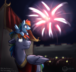 Size: 1000x948 | Tagged: safe, artist:aeritus, character:rainbow blaze, character:rainbow dash, 30 minute art challenge, chinese new year, father and daughter, fireworks, pony hat