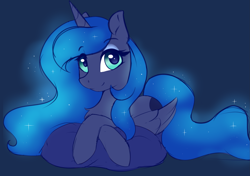 Size: 2997x2106 | Tagged: safe, artist:arjinmoon, character:princess luna, species:alicorn, species:pony, blue background, chest fluff, crossed hooves, cute, female, high res, lunabetes, mare, pillow, prone, simple background, solo
