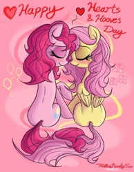 Size: 1071x1379 | Tagged: safe, artist:willisninety-six, character:fluttershy, character:pinkie pie, ship:flutterpie, alternate hairstyle, bed mane, blushing, female, lesbian, shipping