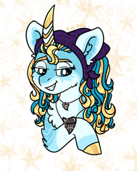 Size: 800x1000 | Tagged: safe, artist:pink-pone, oc, oc:serene shores, species:pony, species:unicorn, bust, curved horn, female, horn, jewelry, mare, multicolored hair, necklace, portrait, solo