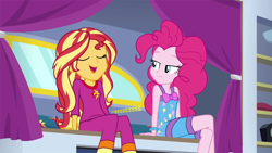 Size: 960x540 | Tagged: safe, artist:thedarkpony, edit, edited screencap, screencap, character:pinkie pie, character:sunset shimmer, equestria girls:sunset's backstage pass, g4, my little pony: equestria girls, my little pony:equestria girls, spoiler:eqg series (season 2), clothing, female, implied pissing, implied urine, implied wetting, onomatopoeia, pajamas, pee edit