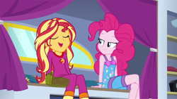 Size: 960x540 | Tagged: safe, artist:thedarkpony, edit, edited screencap, screencap, character:pinkie pie, character:sunset shimmer, equestria girls:sunset's backstage pass, g4, my little pony: equestria girls, my little pony:equestria girls, spoiler:eqg series (season 2), clothing, fart, fart cloud, fart edit, female, pajamas, sitting