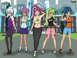 Size: 3000x2250 | Tagged: safe, artist:banquo0, character:indigo zap, character:lemon zest, character:sour sweet, character:sugarcoat, character:sunny flare, equestria girls:friendship games, g4, my little pony: equestria girls, my little pony:equestria girls, alternate costumes, arm behind back, arm behind head, belt, black belt, boots, breasts, clenched fist, clock, clothing, confident, converse, crystal prep shadowbolts, female, flexing, freckles, glasses, goggles, green hair, gym shorts, hand on chin, happy, headphones, human coloration, leggings, long hair, midriff, miniskirt, multicolored hair, necktie, orange eyes, outdoors, pants, pigtails, pose, shadow, shadow five, shirt, shoes, short hair, shorts, side slit, skirt, smiling, sneakers, socks, sweatpants, t-shirt, tank top, tights, twintails, watermark, white socks, yellow eyes