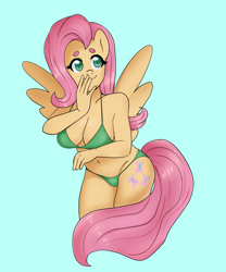 Size: 1703x2048 | Tagged: safe, artist:leslers, character:fluttershy, species:anthro, species:pegasus, species:pony, bikini, breasts, busty fluttershy, clothing, female, pinup, solo, swimsuit