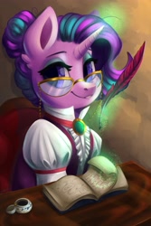 Size: 2731x4096 | Tagged: safe, artist:faline-art, character:starlight glimmer, species:pony, species:unicorn, alternate hairstyle, book, clothing, desk, female, glasses, glowing horn, hair bun, headmare starlight, horn, quill, quill pen, smiling, solo