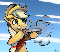 Size: 2300x2000 | Tagged: safe, artist:freak-side, character:applejack, species:earth pony, species:pony, ear fluff, female, gun, high res, shooting, shotgun, solo, standing on two hooves, weapon