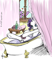 Size: 797x900 | Tagged: safe, artist:tt-n, character:rarity, character:spike, species:pony, species:unicorn, 30 minute art challenge, bath, blushing, claw foot bathtub, hooves, voyeurism