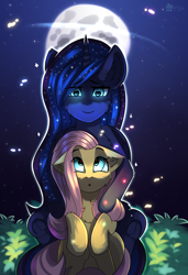 Size: 2050x3000 | Tagged: safe, artist:freak-side, character:fluttershy, character:princess luna, species:alicorn, species:pegasus, species:pony, ship:lunashy, female, heart eyes, lesbian, moon, shipping, wingding eyes