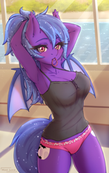 Size: 2227x3543 | Tagged: safe, artist:mintjuice, oc, oc:night ash, species:anthro, species:bat pony, species:pony, anthro oc, arm behind head, armpits, bat pony oc, bat wings, blushing, breasts, clothing, commission, cutie mark, female, hair tie, looking at you, mare, mouth hold, panties, pink underwear, room, tank top, underwear, wings, ych result