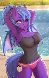 Size: 2227x3543 | Tagged: safe, alternate version, artist:mintjuice, oc, oc:night ash, species:anthro, species:bat pony, species:pony, anthro oc, arm behind head, armpits, bat pony oc, bat wings, blushing, breasts, clothing, commission, cutie mark, female, hair tie, looking at you, mare, mouth hold, panties, pink underwear, swimming pool, tank top, underwear, wings, ych result