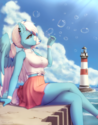 Size: 2784x3543 | Tagged: safe, artist:mintjuice, oc, oc only, oc:freezing blizzard, species:anthro, species:pegasus, species:pony, g4, anthro oc, blouse, bubble, clothing, cloud, commission, female, front knot midriff, high res, lighthouse, mare, midriff, pier, sitting, skirt, sleeveless, solo, water, ych result