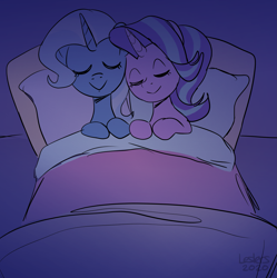 Size: 2143x2153 | Tagged: safe, artist:leslers, character:starlight glimmer, character:trixie, species:pony, species:unicorn, ship:startrix, g4, bed, cute, diatrixes, female, glimmerbetes, high res, lesbian, shipping, sleeping