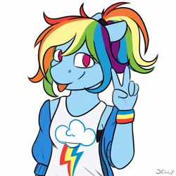 Size: 3000x3000 | Tagged: safe, artist:jellysiek, character:rainbow dash, species:anthro, species:pegasus, species:pony, g4, equestria girls outfit, female, looking at you, peace sign, simple background, smiling, solo, tongue out, victory, white background
