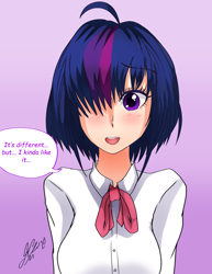 Size: 2550x3300 | Tagged: safe, artist:manhunterj, character:twilight sparkle, species:human, g4, alternate hairstyle, anime, dialogue, female, hair over one eye, haircut, humanized, open mouth, short hair, signature, solo, speech bubble