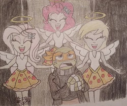 Size: 1024x860 | Tagged: safe, artist:jebens1, character:derpy hooves, character:fluttershy, character:pinkie pie, g4, my little pony:equestria girls, angel, drawing, eyes closed, food, halo, michaelangelo, mikey, parody, pizza, pizza angel, reference, sad, silly songs, singing, song in the description, song reference, story included, teenage mutant ninja turtles, veggietales, wings