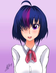 Size: 1583x2048 | Tagged: safe, alternate version, artist:manhunterj, character:twilight sparkle, species:human, g4, alternate hairstyle, anime, dialogue, female, hair over one eye, haircut, humanized, open mouth, short hair, signature, solo