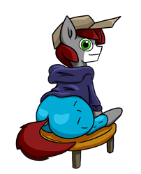 Size: 3369x4178 | Tagged: safe, artist:khaki-cap, oc, oc only, oc:khaki-cap, species:earth pony, species:pony, g4, butt, buttcheeks, cap, chair, clothing, dock, earth pony oc, extra thicc, hat, hoodie, jean butt, jean thicc, jeans, large butt, looking at you, looking back, looking back at you, male, pants, simple background, smiling, smiling at you, stallion, tail, thicc ass, thick, transparent background