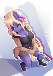 Size: 2477x3543 | Tagged: safe, artist:mintjuice, oc, oc only, oc:ruby shears, species:anthro, species:plantigrade anthro, species:pony, g4, action pose, anthro oc, breasts, cleavage, clothing, commission, eye clipping through hair, female, gun, handgun, looking at each other, mare, pistol, solo, weapon, ych result