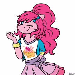 Size: 3000x3000 | Tagged: safe, artist:jellysiek, character:pinkie pie, species:anthro, g4, blinking, bracelet, clothing, curly hair, female, jewelry, looking at you, shirt, skirt, smiling, smiling at you, solo, t-shirt