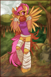 Size: 895x1359 | Tagged: safe, artist:velexane, character:scootaloo, species:anthro, species:pegasus, species:pony, bandage, bottomless, cute, cutealoo, featureless crotch, female, fishnets, forest, ninja, solo, strider, striderloo, tree