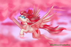 Size: 3000x2000 | Tagged: safe, artist:redheartponiesfan, character:angel wings, species:pegasus, species:pony, g4, bow, bracelet, cloud, female, floppy ears, flying, hair bow, jewelry, mare, pink cloud, sky, solo