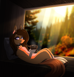 Size: 2700x2790 | Tagged: safe, artist:taleriko, rcf community, oc, oc only, species:earth pony, species:pony, g4, bell, bell collar, collar, food, forest, pillow, solo, tea, window