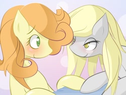 Size: 1040x781 | Tagged: safe, artist:v-invidia, character:carrot top, character:derpy hooves, character:golden harvest, species:pegasus, species:pony, ship:derpytop, bedroom eyes, blushing, cute, cutie top, female, lesbian, mare, shipping, smiling