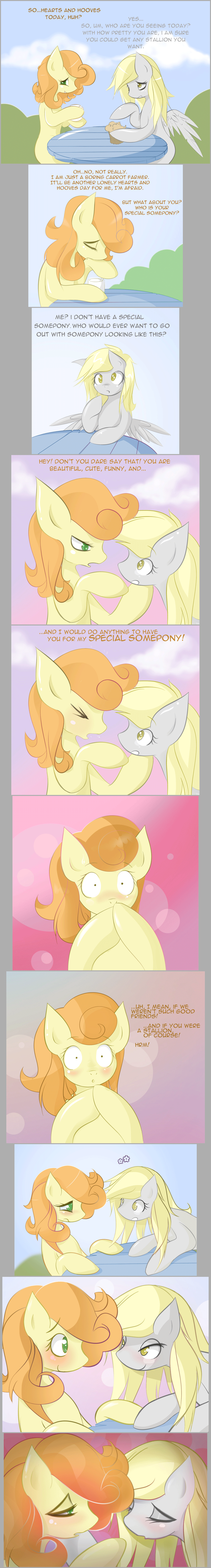 Size: 1064x7884 | Tagged: safe, artist:v-invidia, character:carrot top, character:derpy hooves, character:golden harvest, species:pegasus, species:pony, ship:derpytop, episode:hearts and hooves day, g4, my little pony: friendship is magic, animated, bedroom eyes, blinking, blushing, comic, female, gears, lesbian, mare, muffin, shipping, smiling, valentine's day