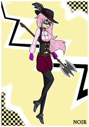 Size: 1750x2500 | Tagged: safe, artist:banquo0, character:fluttershy, species:human, art pack:my little persona ii, g4, axe, belt, clothing, feather, female, gloves, haru okumura, hat, humanized, mask, noir, persona, persona 5, phantom thief, phantom thieves, shoes, solo, vest, weapon
