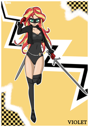 Size: 1750x2500 | Tagged: safe, artist:banquo0, character:sunset shimmer, species:human, art pack:my little persona ii, g4, breasts, cleavage, clothing, female, gloves, humanized, kasumi yoshizawa, leotard, mask, persona, persona 5, phantom thief, phantom thieves, shoes, solo, sword, violet (persona), weapon