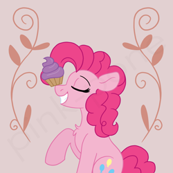 Size: 4000x4000 | Tagged: safe, artist:pink-pone, character:pinkie pie, species:earth pony, species:pony, g4, chest fluff, cupcake, eyes closed, food, grin, ponies balancing stuff on their nose, raised hoof, smiling