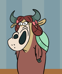 Size: 1096x1300 | Tagged: safe, artist:velgarn, character:yona, species:yak, g4, bow, bow tie, cloven hooves, cow and chicken, cursed image, female, funny, funny as hell, hair bow, parody, smiling, solo, style emulation, wat
